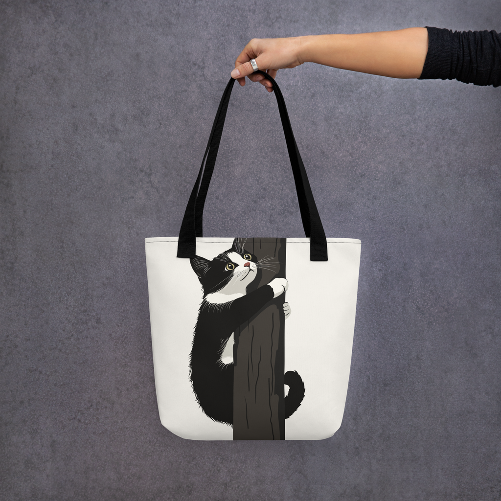 Comical Cat Climbs Cat Tree Tote bag