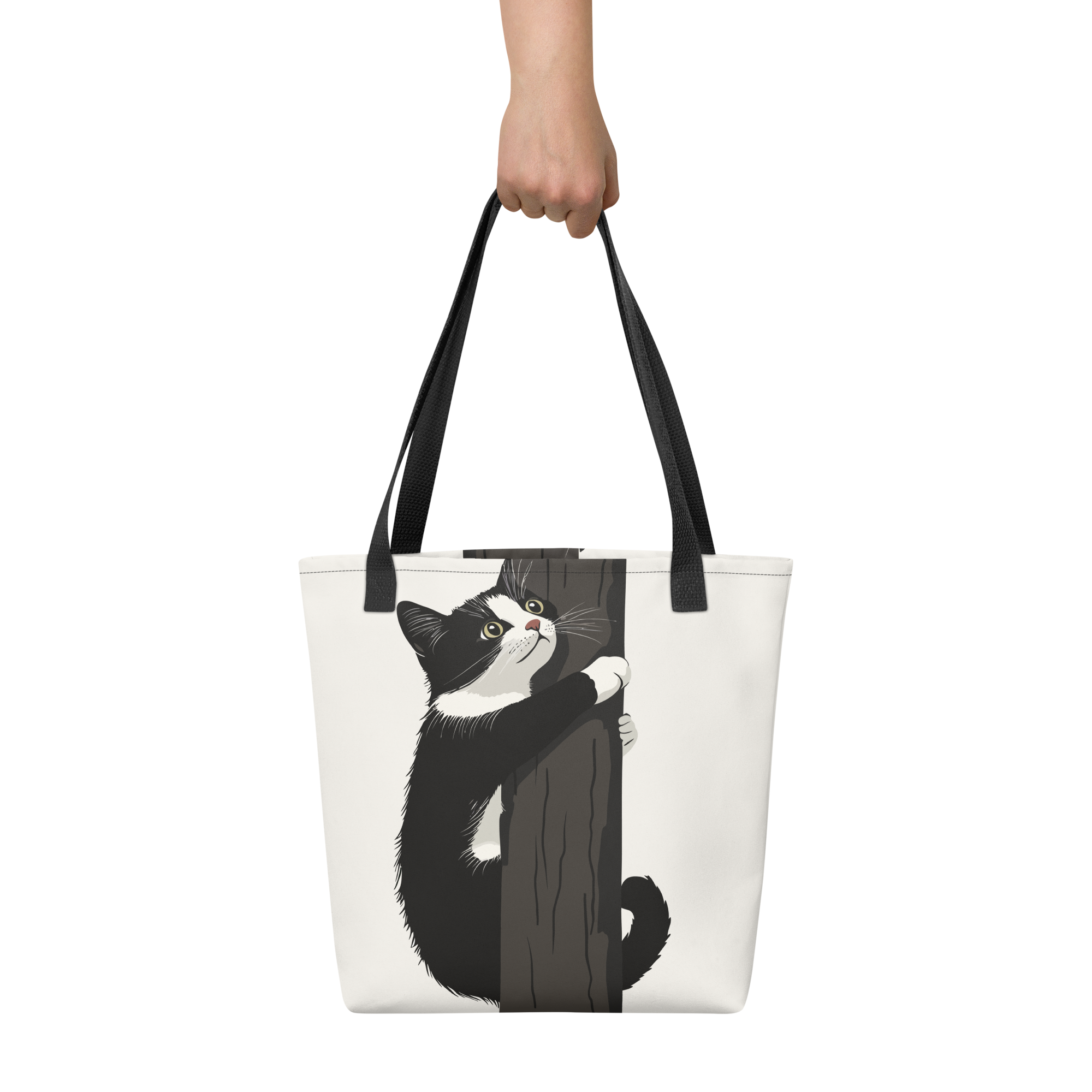 Comical Cat Climbs Cat Tree Tote bag
