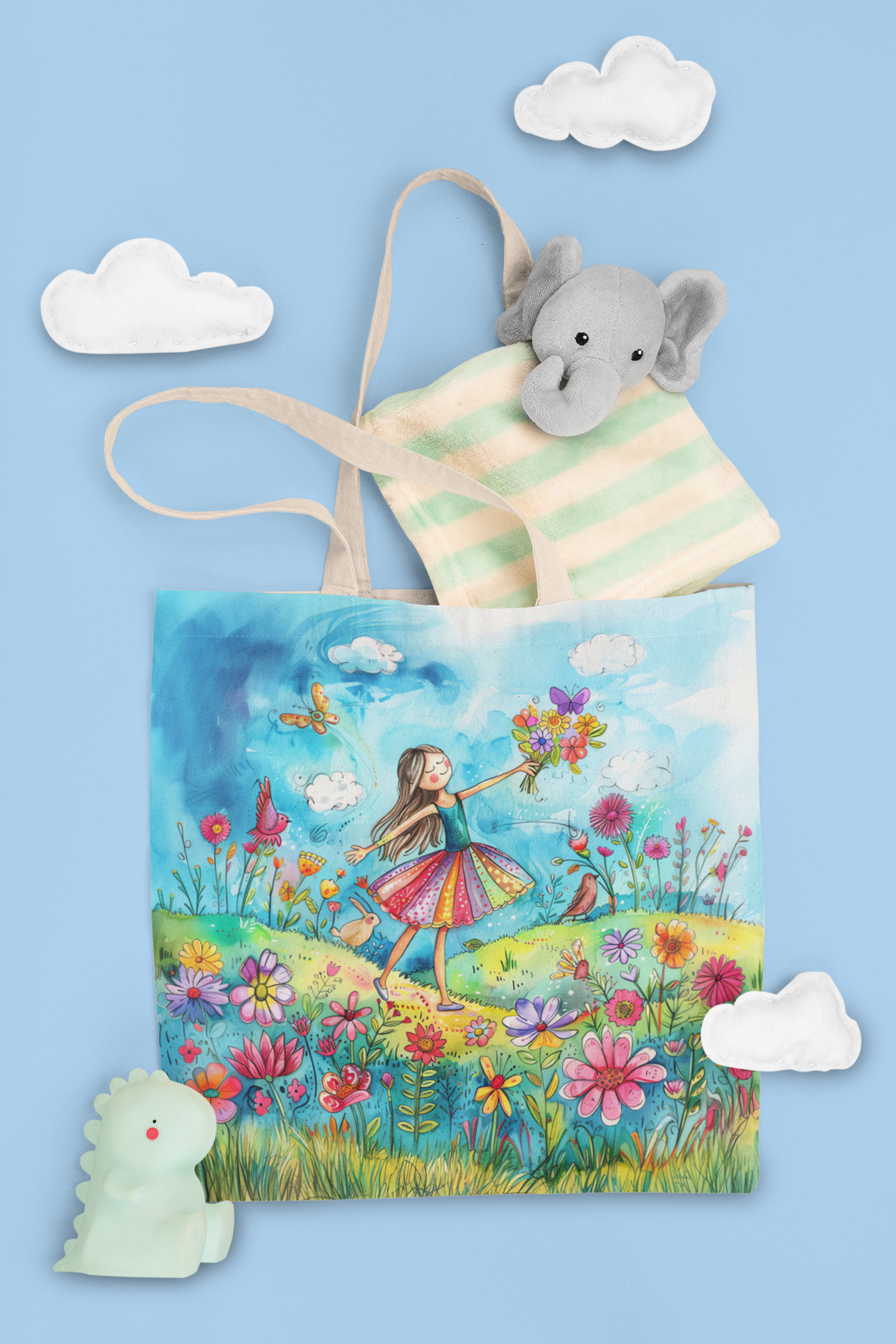 Girl with birds and flowers Tote bag