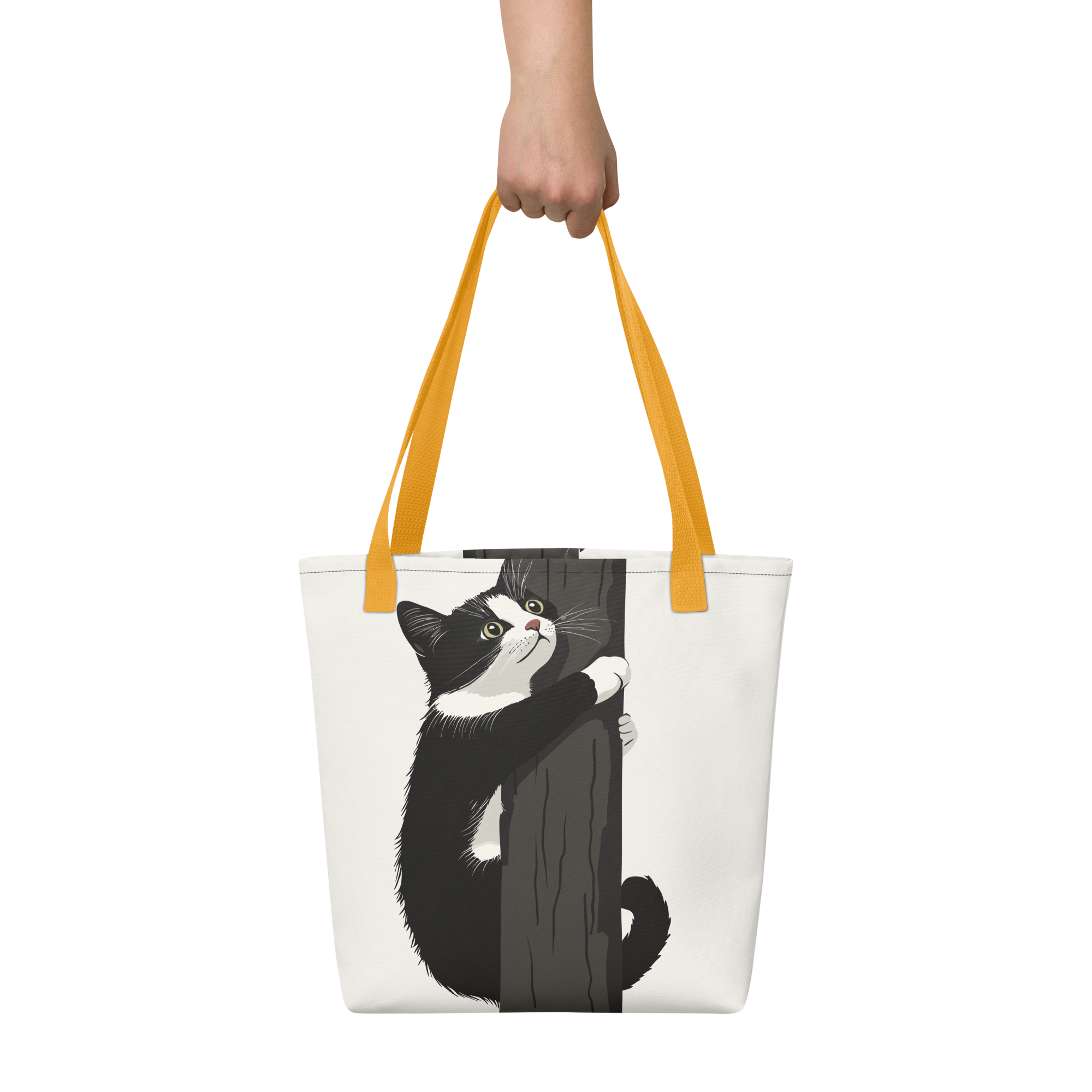 Comical Cat Climbs Cat Tree Tote bag