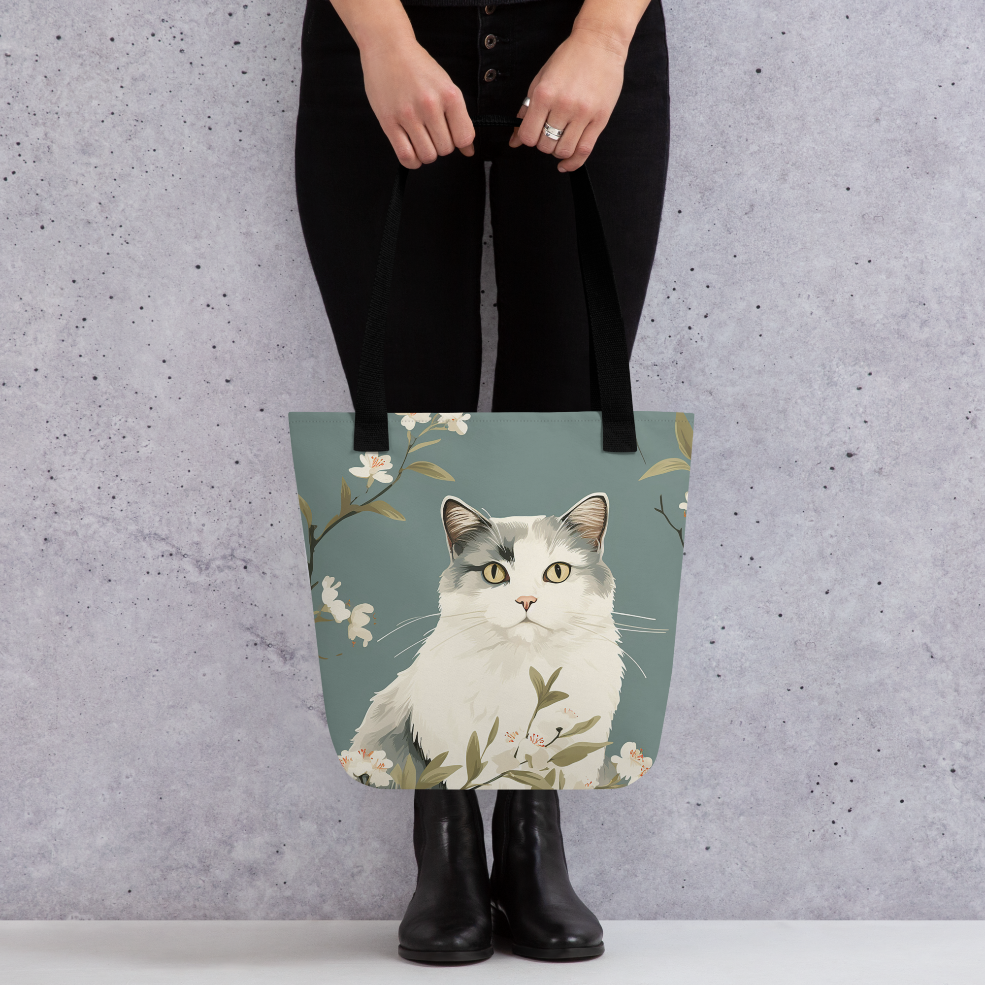 Cat and floral Tote bag