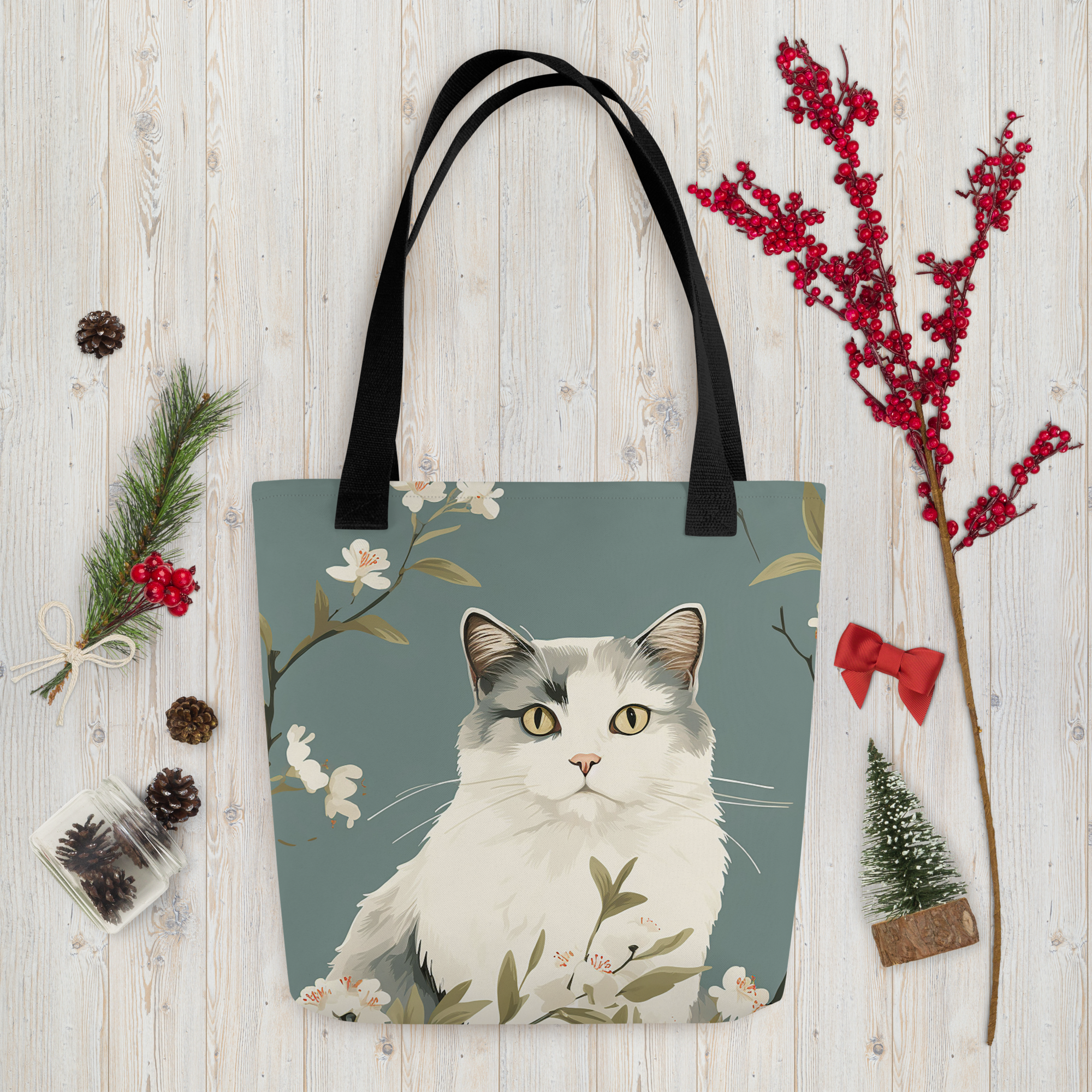 Cat and floral Tote bag