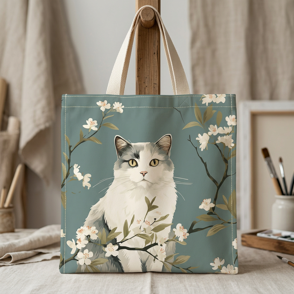 Cat and floral Tote bag