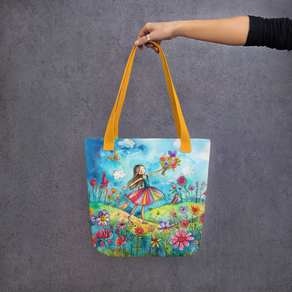 Girl with birds and flowers Tote bag