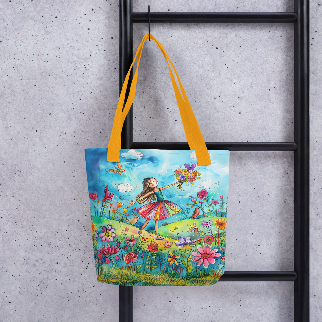 Girl with birds and flowers Tote bag