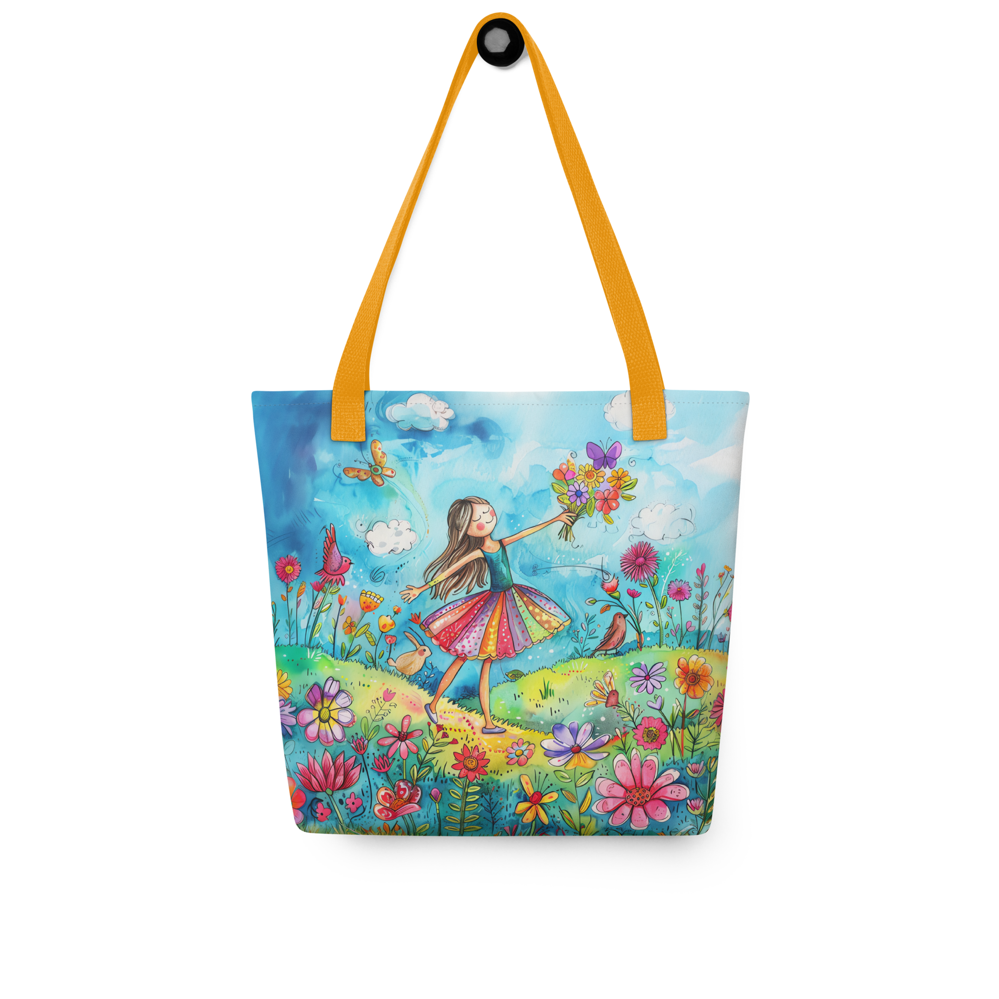 Girl with birds and flowers Tote bag