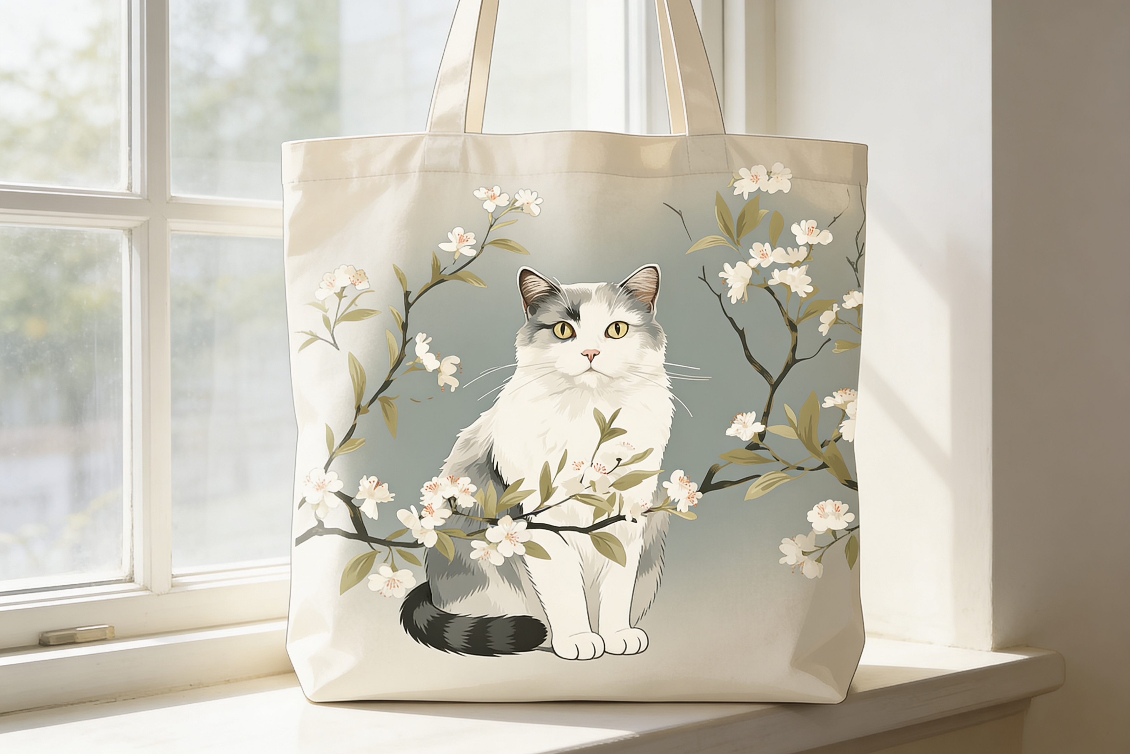 Cat and floral Tote bag